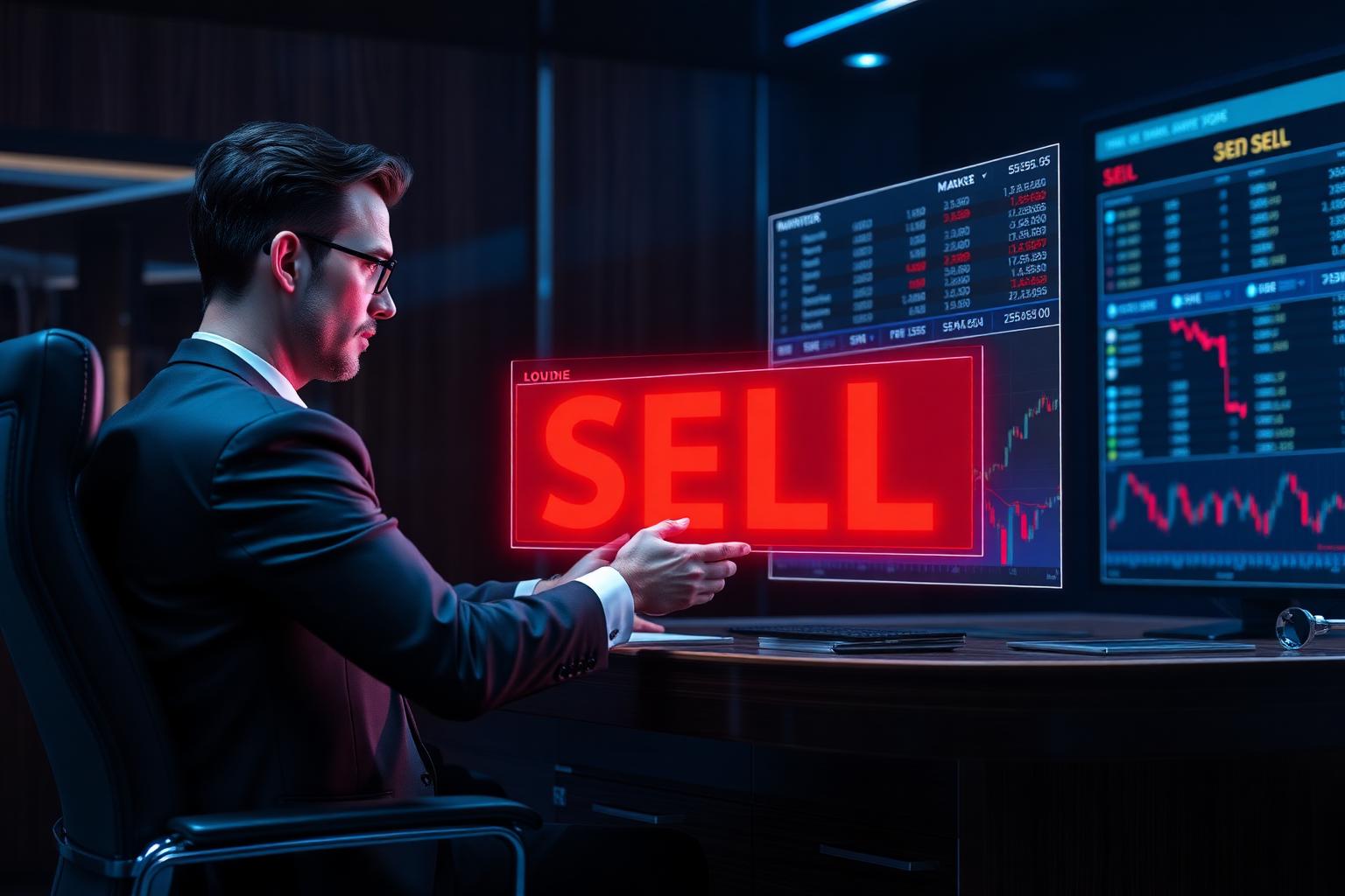 Banker placing a sell order on holographic trading screen