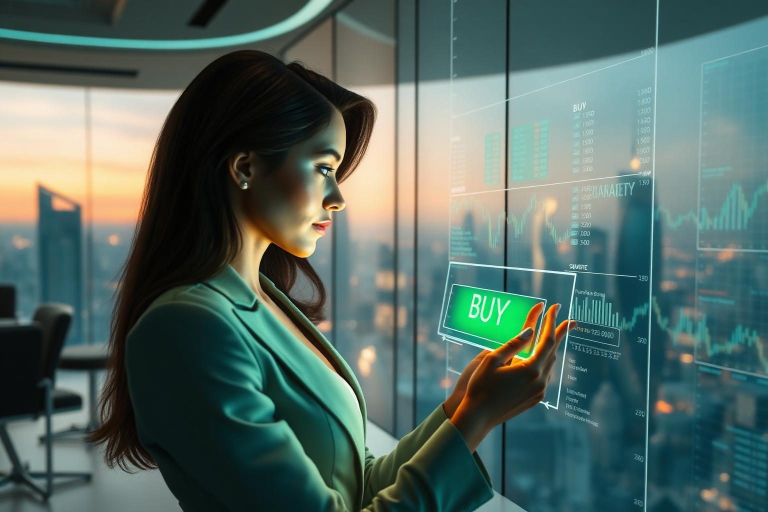 Female trader executing a live buy order on holographic interface